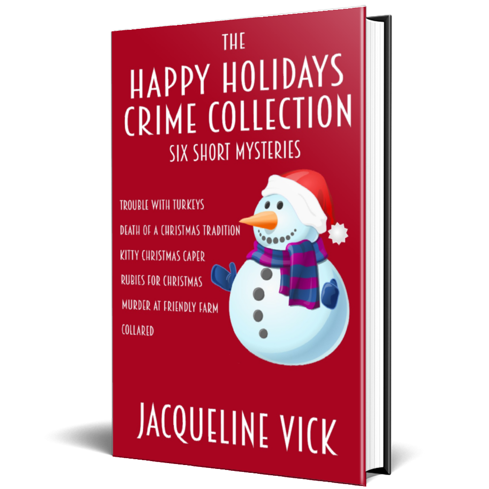Hardcover book with Christmas Red cover and a smiling snowman. The title is The Happy Holidays Crime Collection.