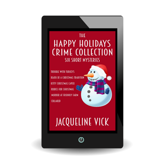 Ebook cover with Christmas Red cover and a smiling snowman. The title is The Happy Holidays Crime Collection.